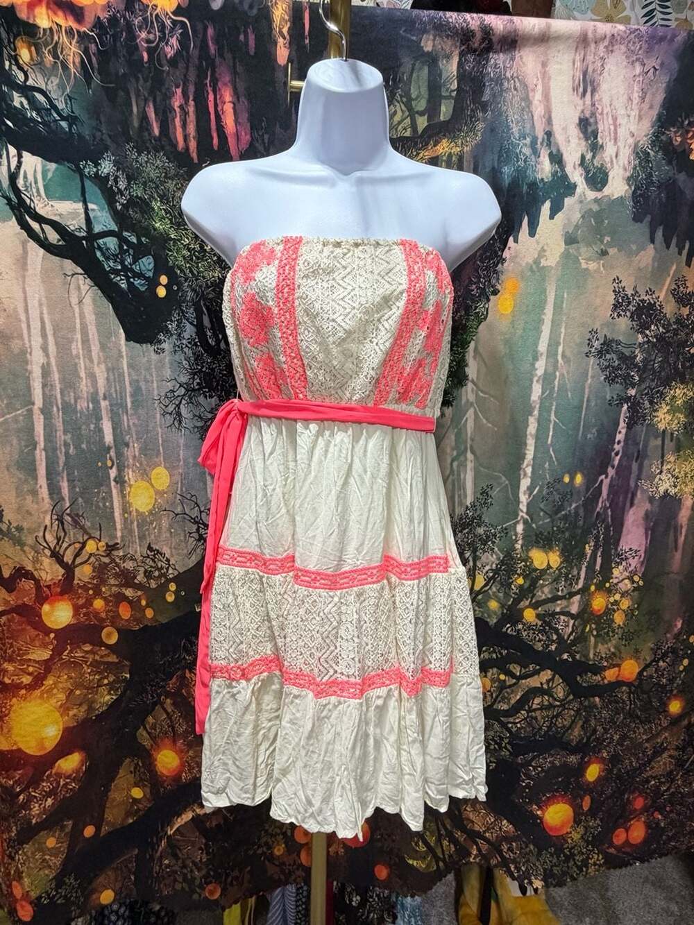 Flying Tomato Strapless Dress Cream Pink Crochet Lace Tiered Size S